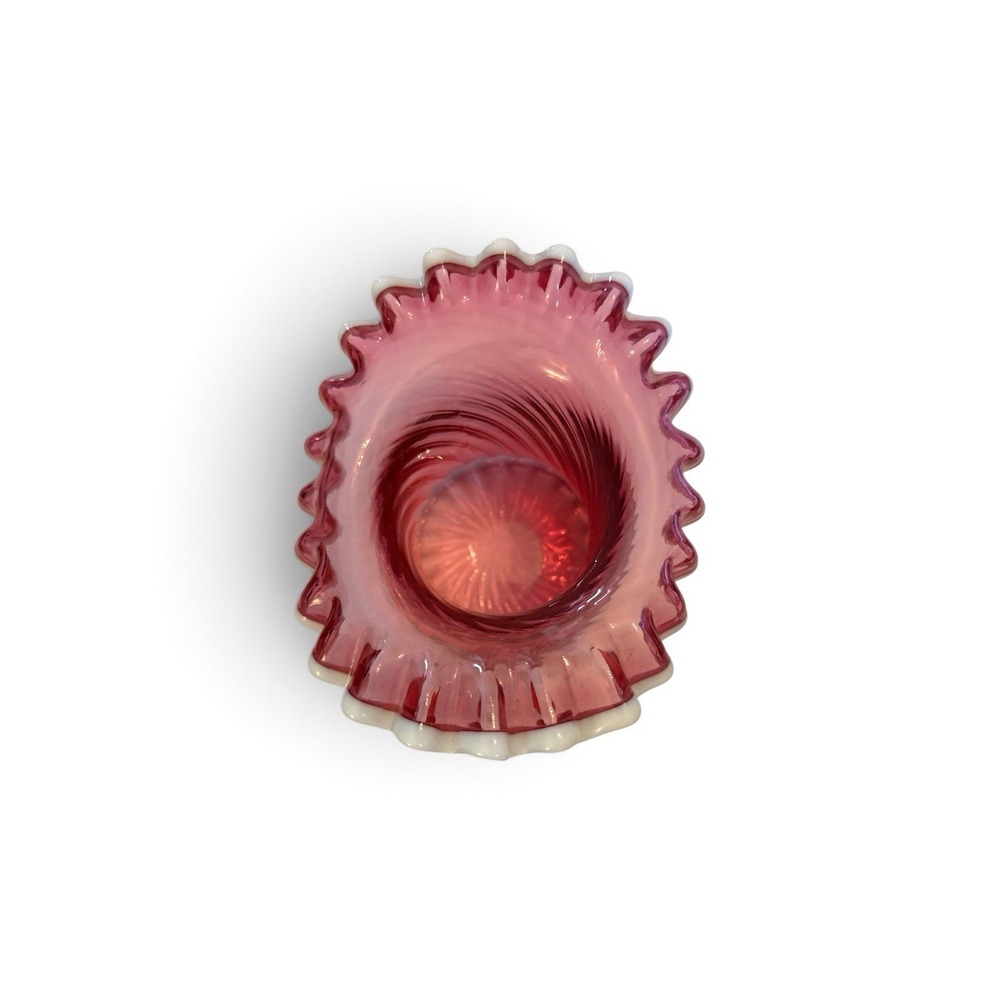 Fenton Cranberry Spiral Optic Ruffled Hat Vase With Snow Crest 4" - Picture 3 of 8